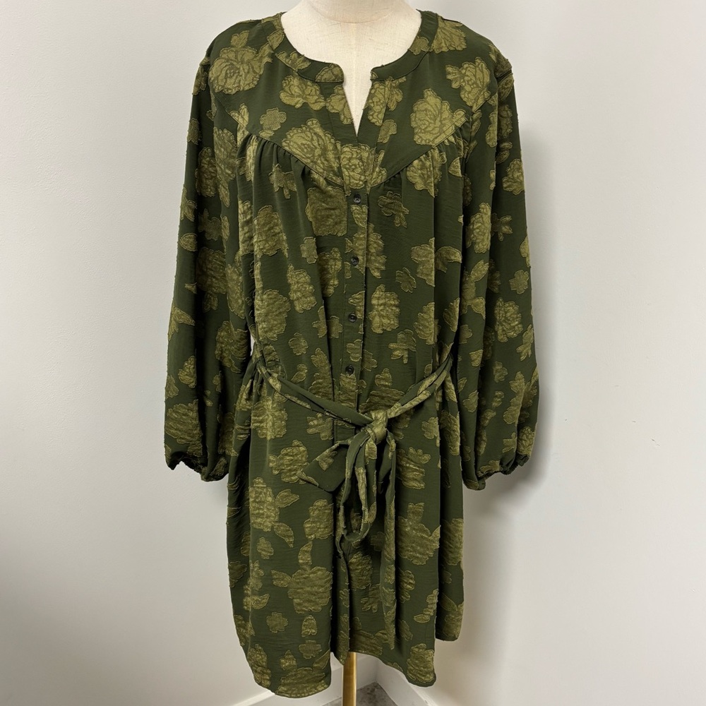 The Pioneer Woman Green Floral Print Belted Button-Up Dress
